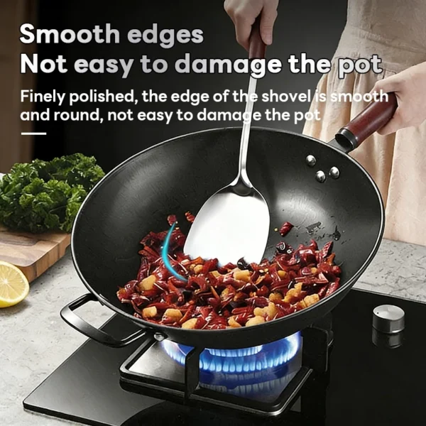 Stainless steel kitchen utensil set  equipped with wooden handled spoons and wok  durable and suitable for kitchen use