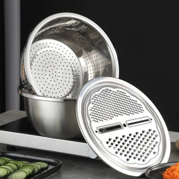 Versatile Kitchen Tools Bundle   Stainless Steel Drain Basin and Grater Set for Effortless Cooking and Cleaning