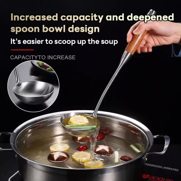 Stainless steel kitchen utensil set  equipped with wooden handled spoons and wok  durable and suitable for kitchen use